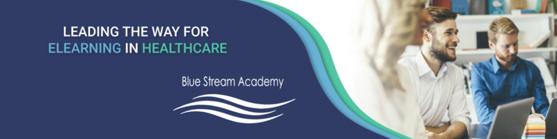 Blue Stream Academy Logo, with tagline that says 'leading the way for eLearning in healthcare'